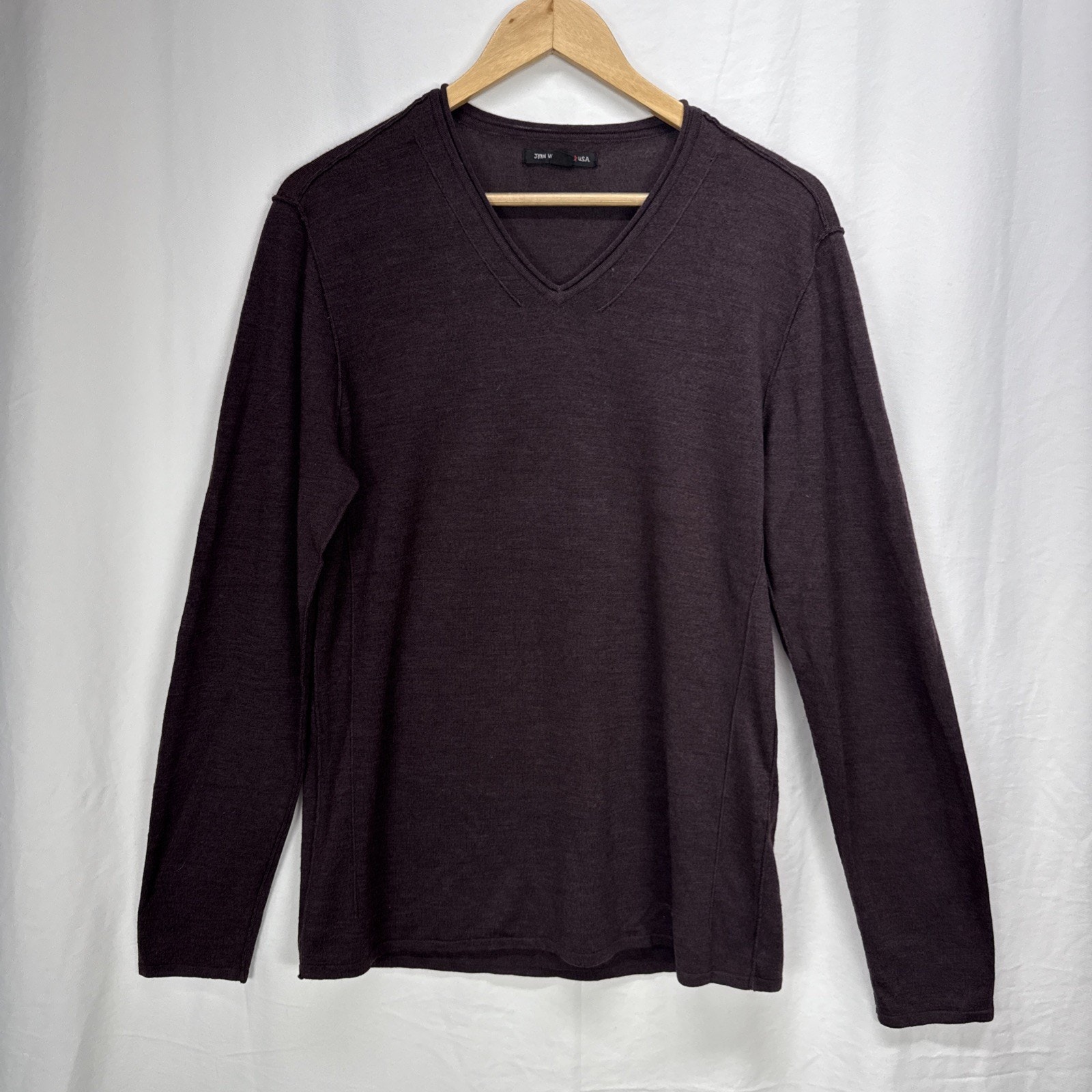 John Varvatos Mens V-Neck Pullover Sweater Size L Chocolate Brown Merino Wool